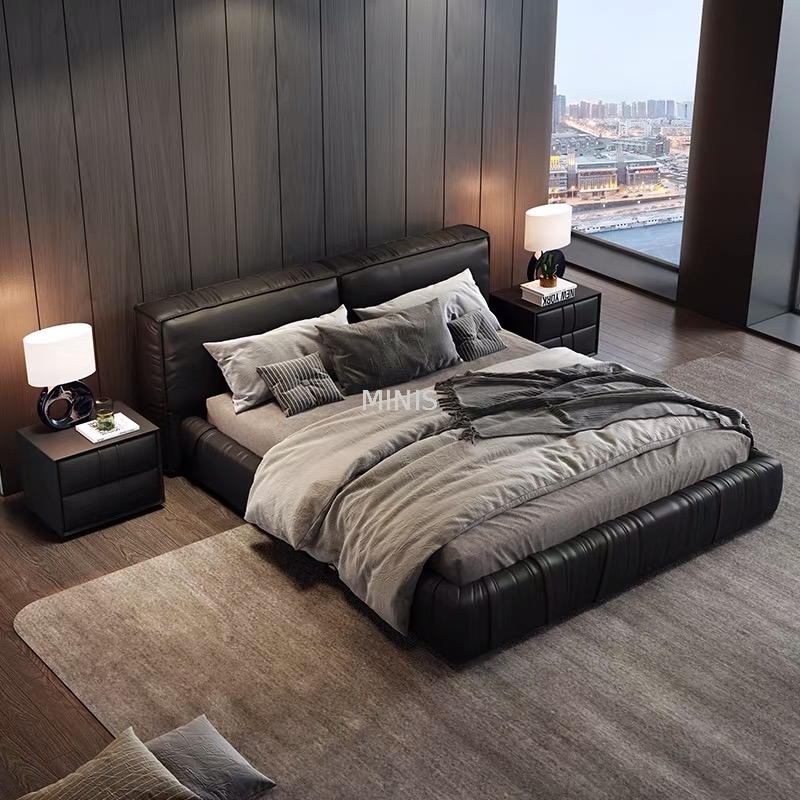 Schlafzimmermöbel für Erwachsene, modernes, bequemes schwarzes Lederbett