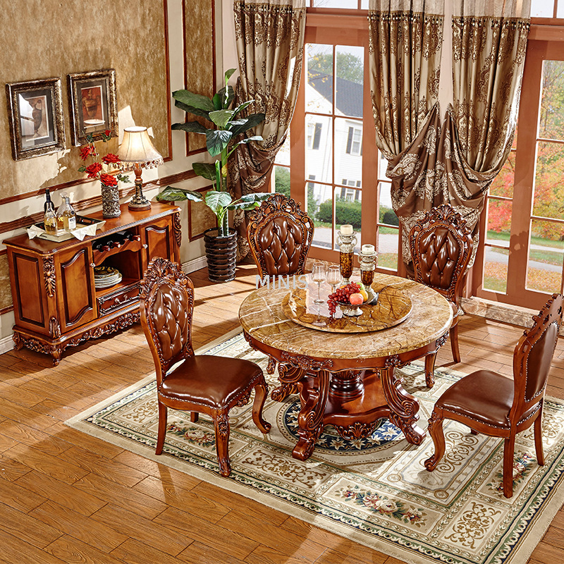 Runder Vintage-Esstisch aus braunem Eichenholz und Marmor mit Teppich