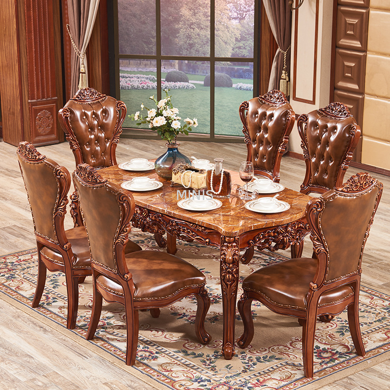 Esszimmermöbel, Esstisch aus braunem Holz und Marmor mit Stühlen
