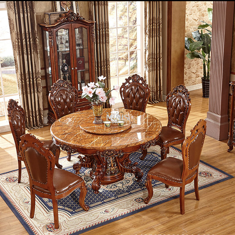 Esszimmermöbel, Esstisch aus braunem Holz und Marmor mit Stühlen