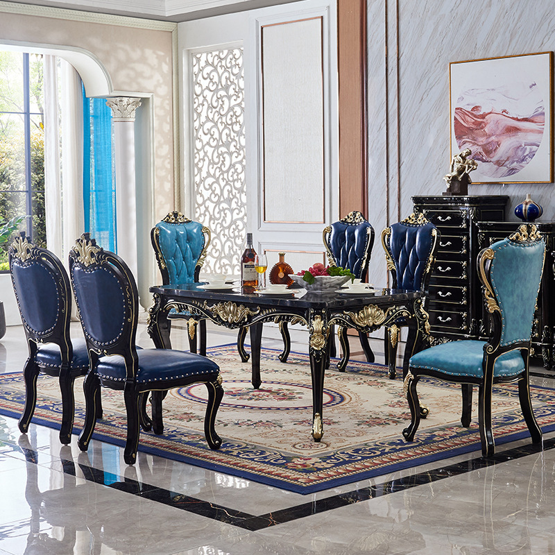 Esszimmerstühle aus blauem Leder, runder Esstisch aus Holz und Marmor