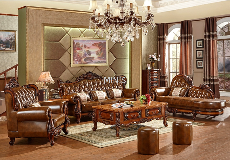 Klassische Wohnzimmermöbel, braune Ledersofas aus Holz