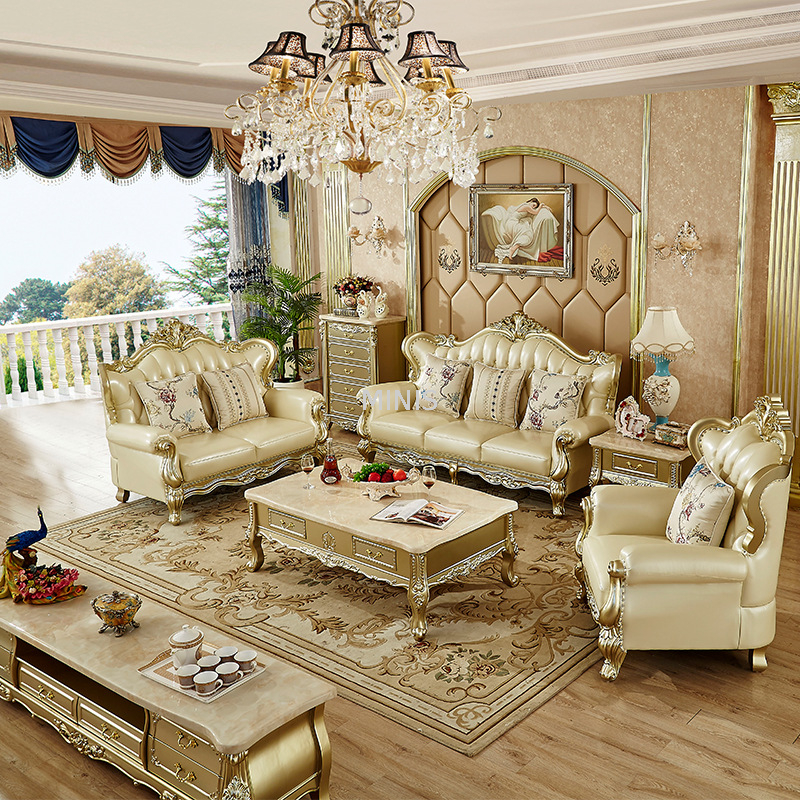 Königliches Luxus-Wohnzimmersofa aus goldenem Echtleder aus Holz