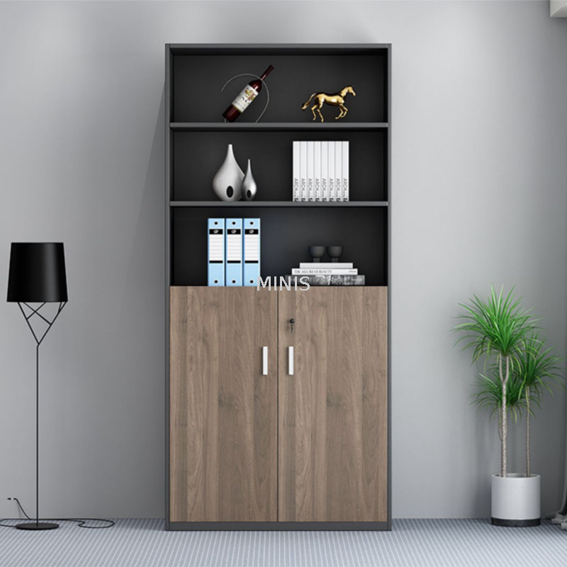 Moderner Büromöbel-Hochschrank mit Holz- und Glastüren