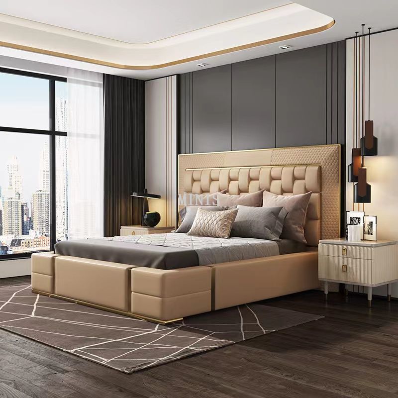 Modernes Schlafzimmermöbel-Bett aus beigem Leder mit hoher Rückenlehne für Erwachsene