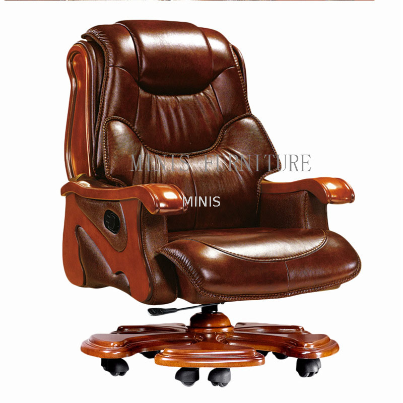 CEO-Executive-Bürostühle aus Holz und braunem Leder aus der Mitte des Jahrhunderts