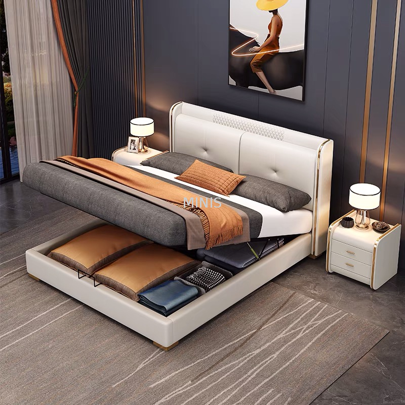 Schlafzimmer, bequeme Möbel, Doppelbett aus weißem Leder für Erwachsene