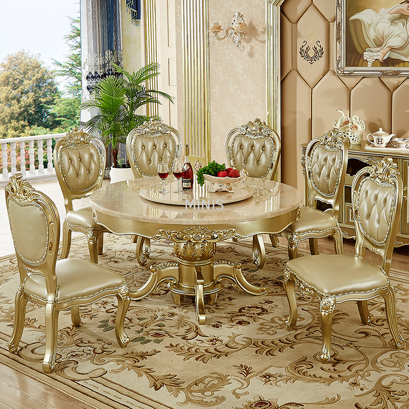 Esszimmermöbel, goldener Esstisch aus Holz mit Marmorplatte