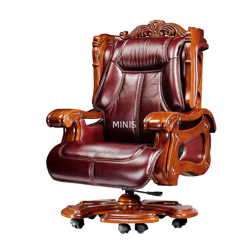 CEO-Executive-Bürostühle aus Holz und braunem Leder aus der Mitte des Jahrhunderts