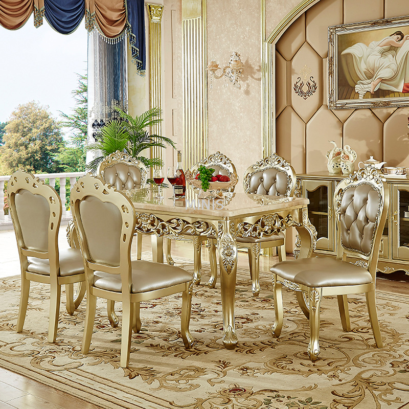 Goldfarbener Massivholz-Marmor-Esstisch mit Stühlen für 6 Personen