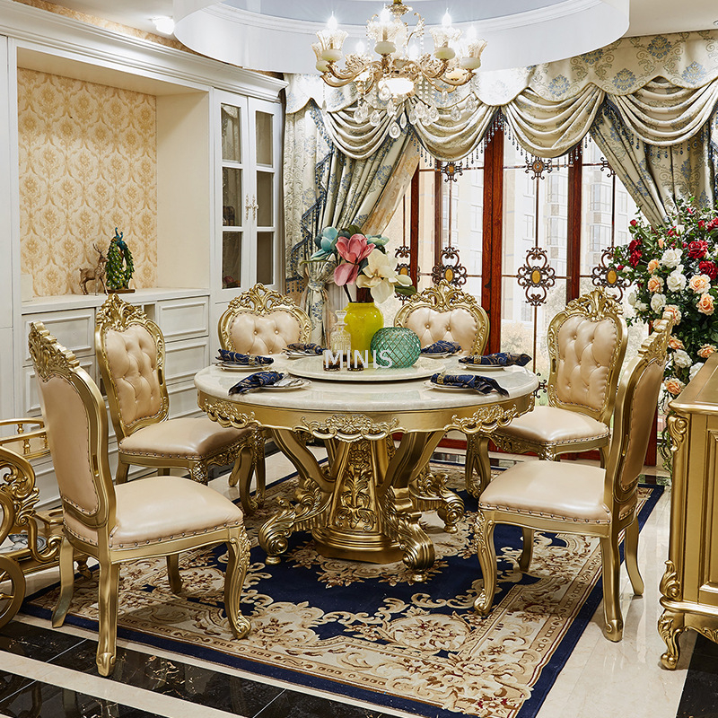 Esszimmermöbel, goldener Esstisch aus Holz mit Marmorplatte
