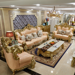 Königliches Luxus-Wohnzimmersofa aus goldenem Echtleder aus Holz
