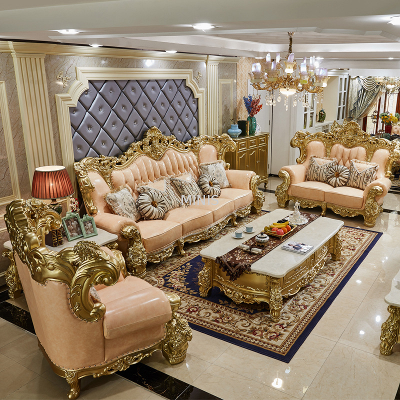 Wohnzimmer-klassisches goldenes hölzernes echtes Leder-schönes Sofa