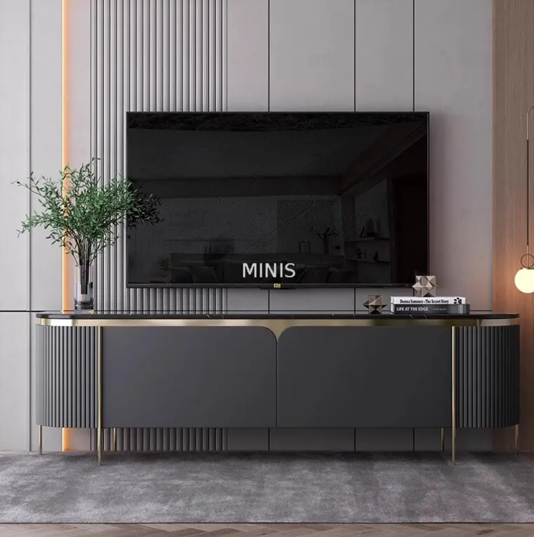 Wohnzimmer eleganter Bodenschrank grauer Goldfernsehst&auml;nder