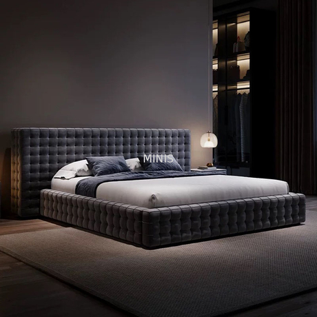 Schlafzimmermöbel für Erwachsene, großes luxuriöses Samtbett aus grauem Stoff 