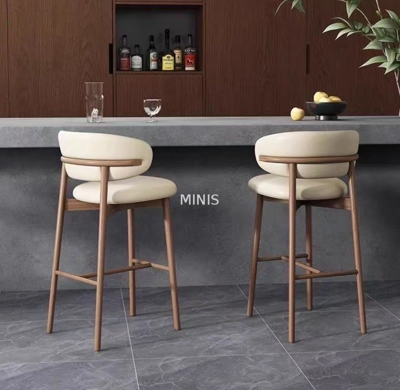 Pub Essm&ouml;bel Holz Beige Leder Party Bar Stuhl Stuhl