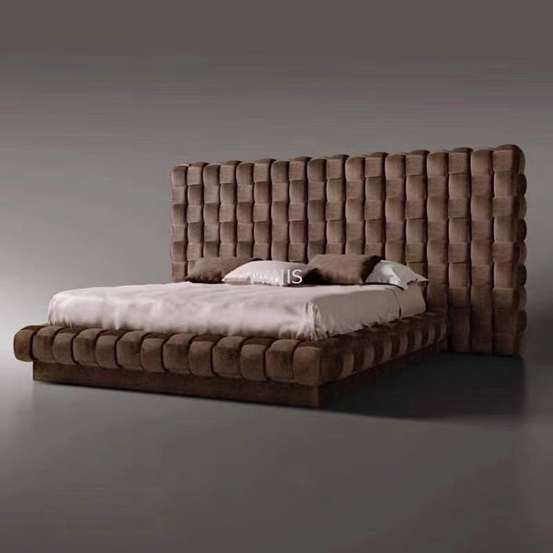 Schlafzimmermöbel für Erwachsene, großes luxuriöses Samtbett aus grauem Stoff 