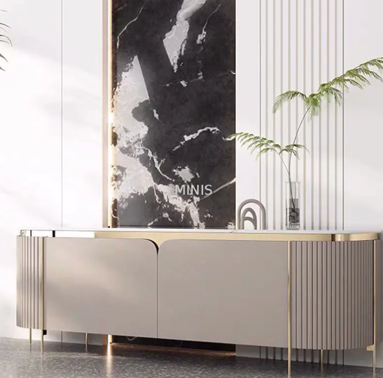 Wohnzimmer eleganter Bodenschrank grauer Goldfernsehst&auml;nder